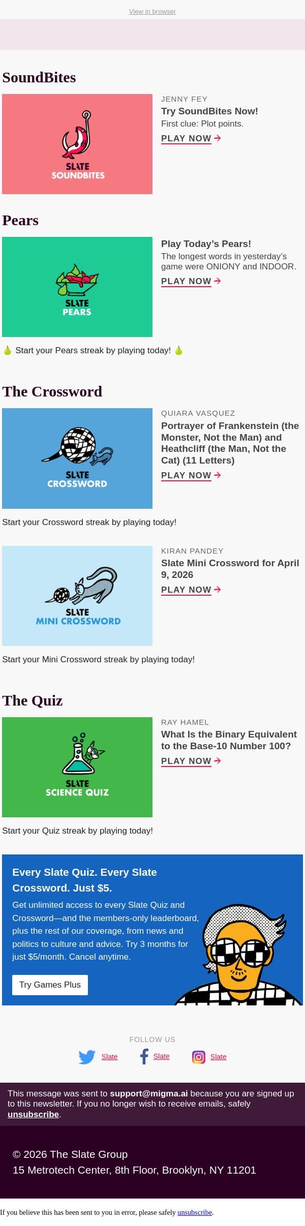 What is the binary equivalent to the base-10 number 100? email from Slate screenshot