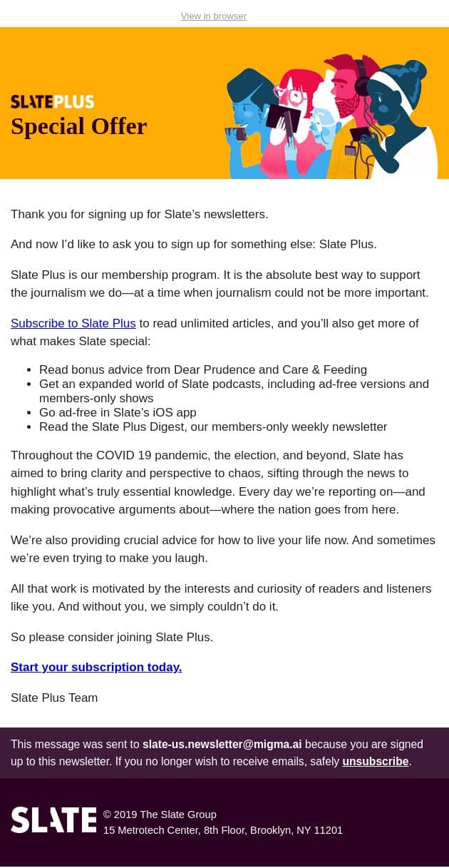 Get more Slate with Slate Plus email from Slate screenshot
