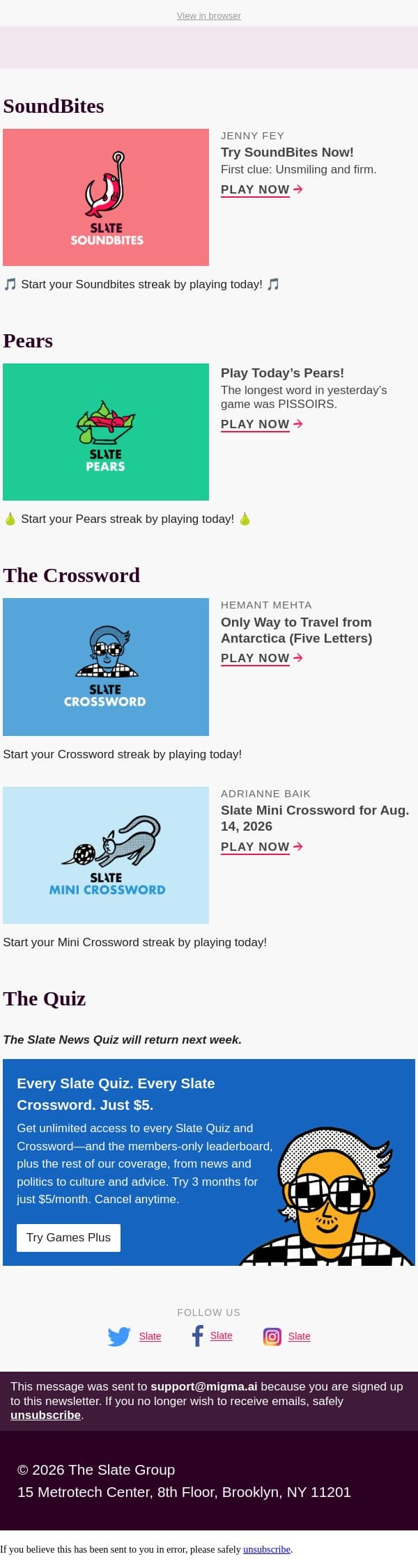 Unsmiling and firm (five letters) email from Slate screenshot