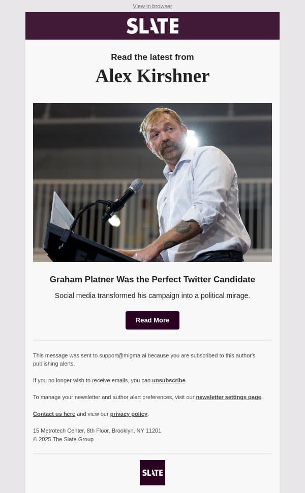 Graham Platner Was the Perfect Twitter Candidate email from Slate screenshot