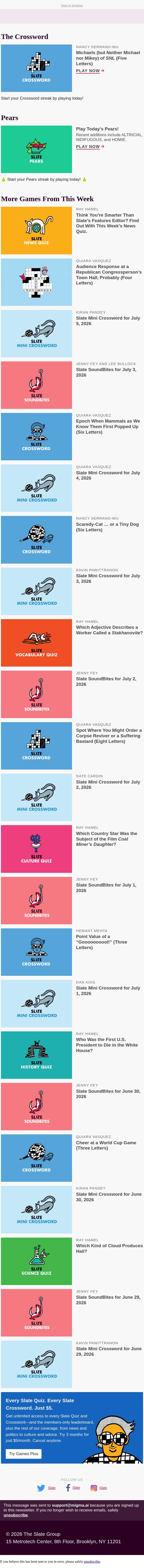 24-Down: Michaels (but neither Michael nor Mikey) of SNL (five letters) email from Slate screenshot