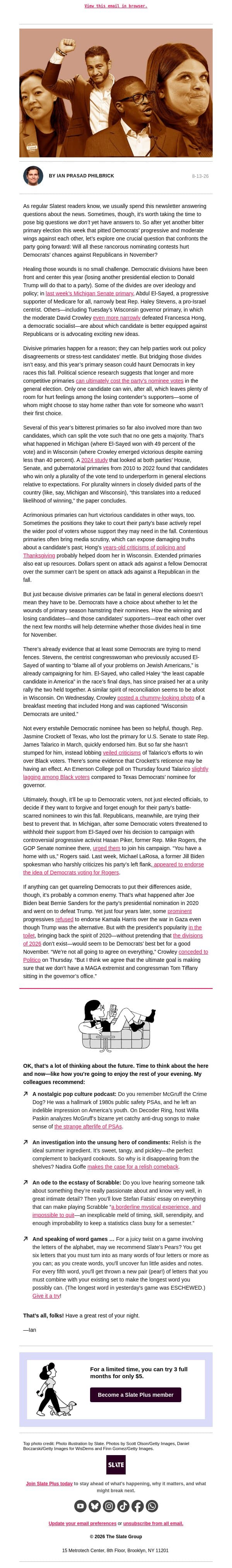 Will Democrats’ bitter primaries hurt them when it matters most? email from Slate screenshot