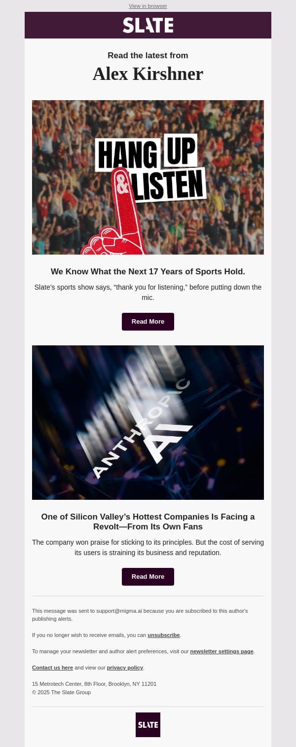 One of Silicon Valley’s Hottest Companies Is Facing a Revolt—From Its Own Fans email from Slate screenshot