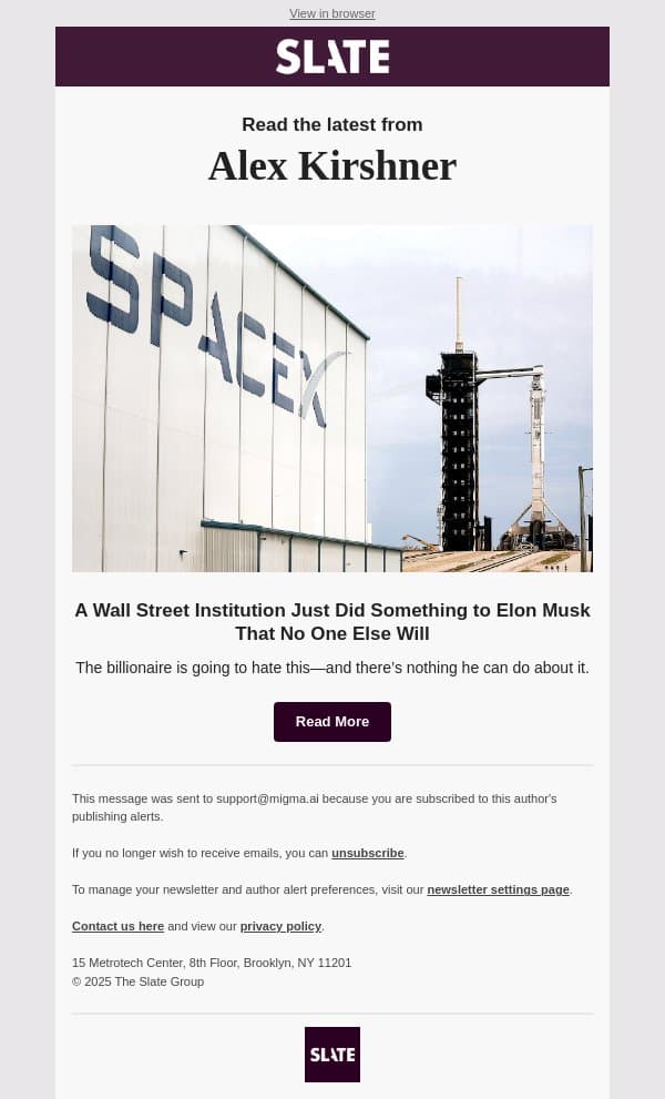 A Wall Street Institution Just Did Something to Elon Musk That No One Else Will email from Slate screenshot
