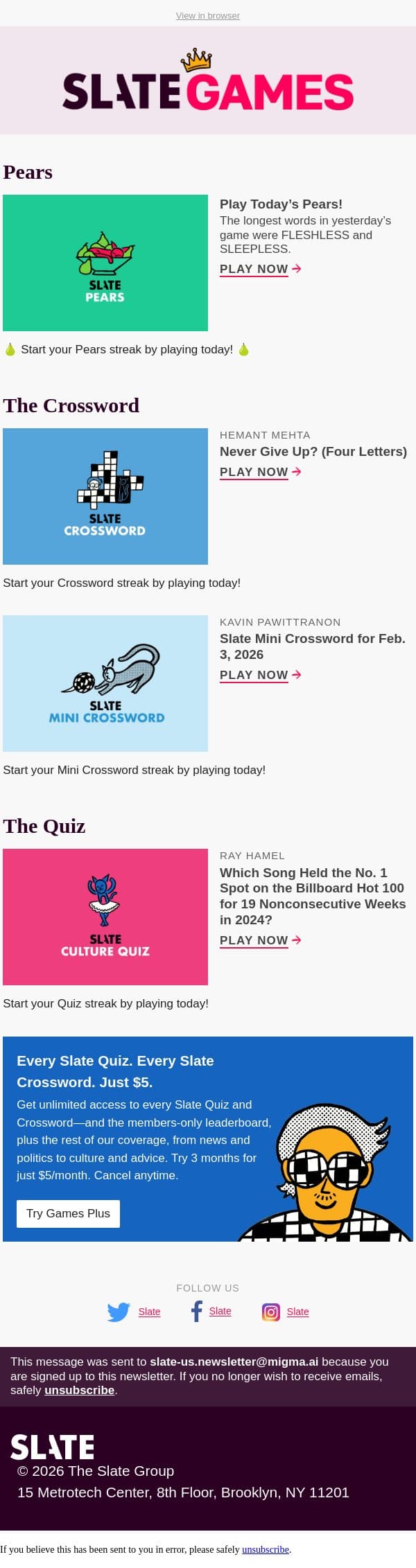Never give up? (four letters) email from Slate screenshot