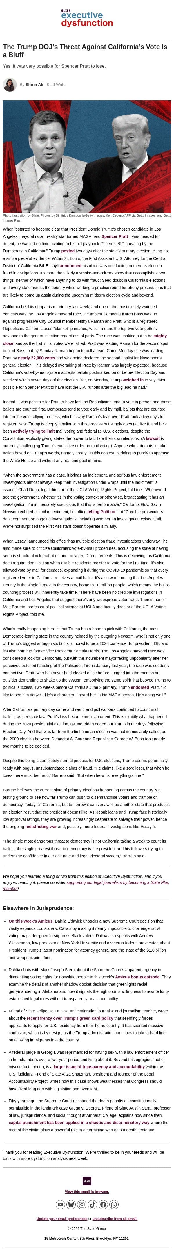 The Trump DOJ’s threats against California is a bluff. email from Slate screenshot
