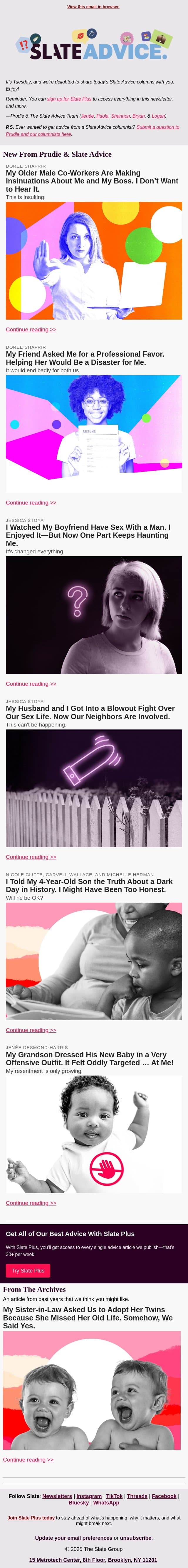 My Older Male Co-Workers Are Making Insinuations About Me and My Boss. I Don’t Want to Hear It. email from Slate screenshot