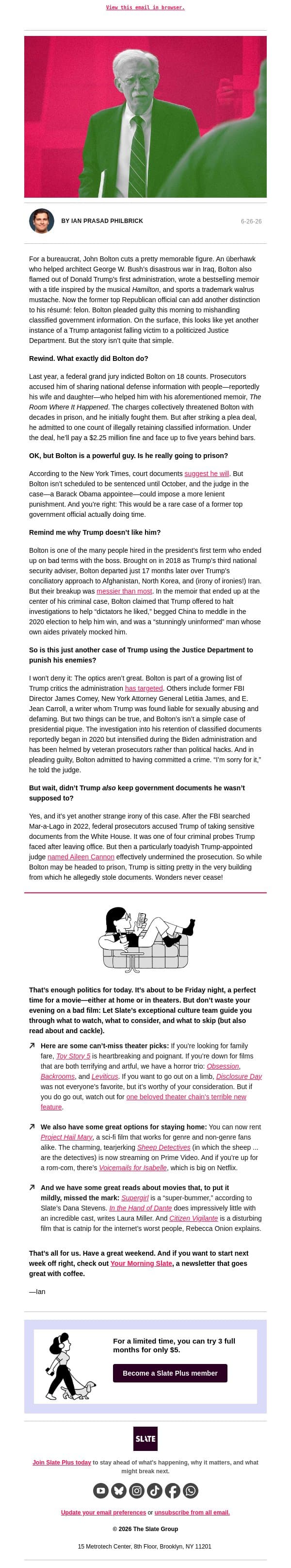 John Bolton may be headed to prison email from Slate screenshot