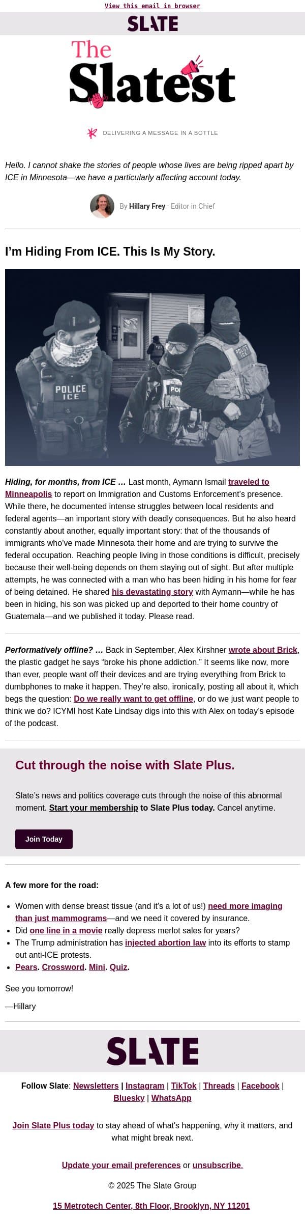 A voice hiding from ICE email from Slate screenshot