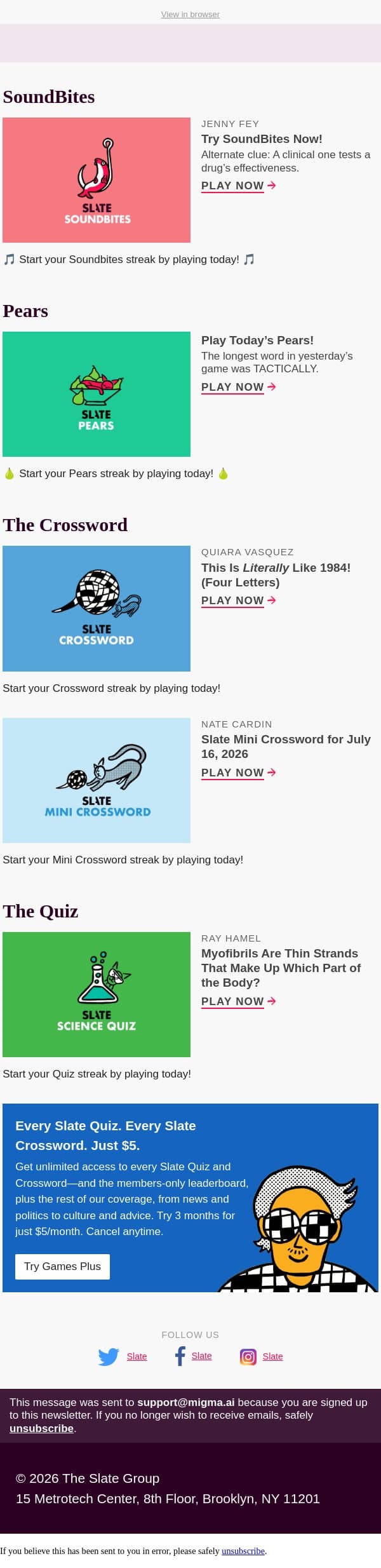 Myofibrils are thin strands that make up which part of the body? email from Slate screenshot