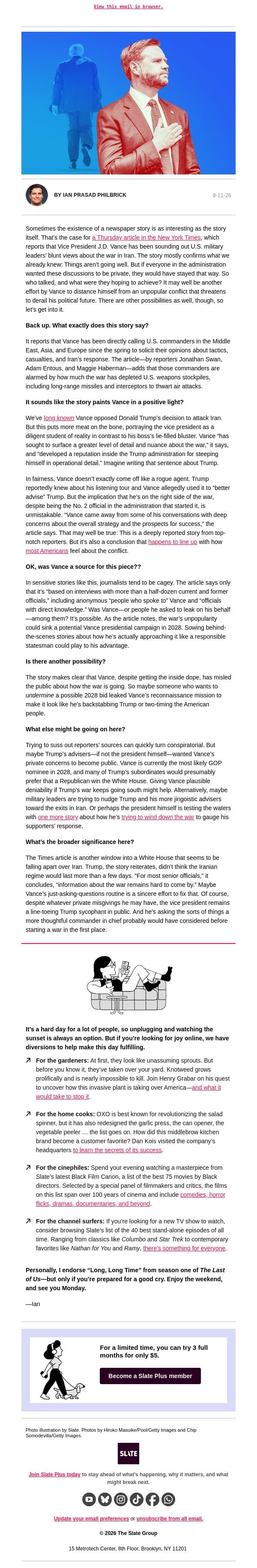 Is J.D. Vance throwing Trump under the bus? email from Slate screenshot