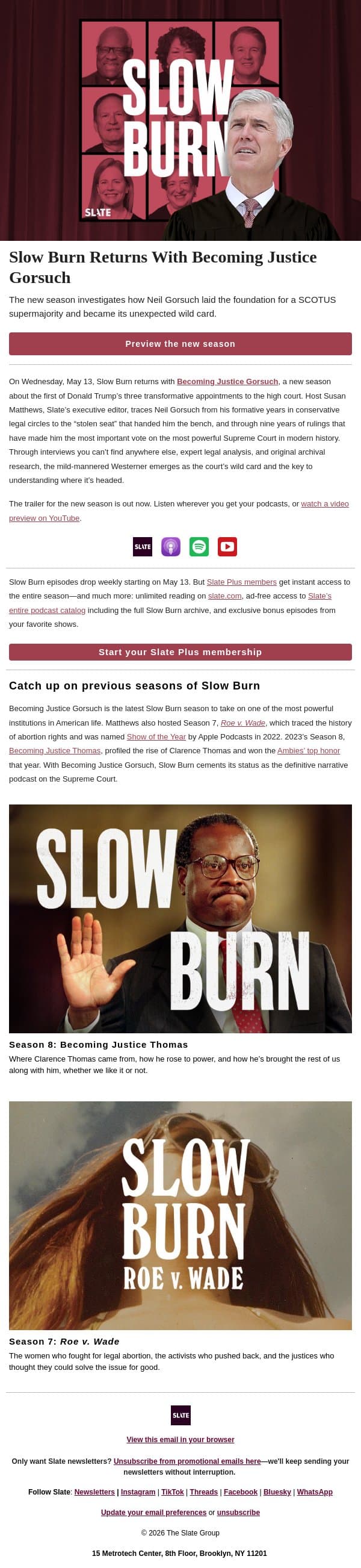 Slow Burn returns with Becoming Justice Gorsuch email from Slate screenshot
