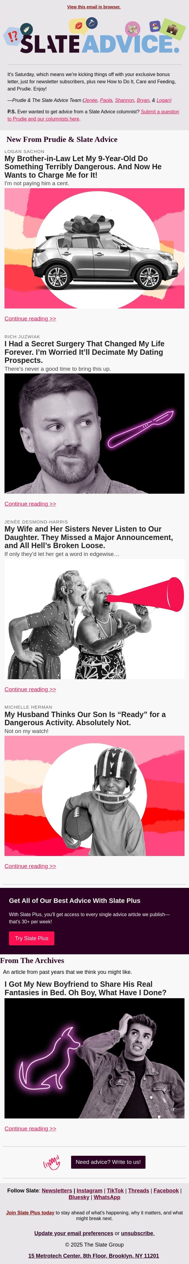 My Brother-in-Law Let My 9-Year-Old Do Something Terribly Dangerous. And Now He Wants to Charge Me for It! email from Slate screenshot