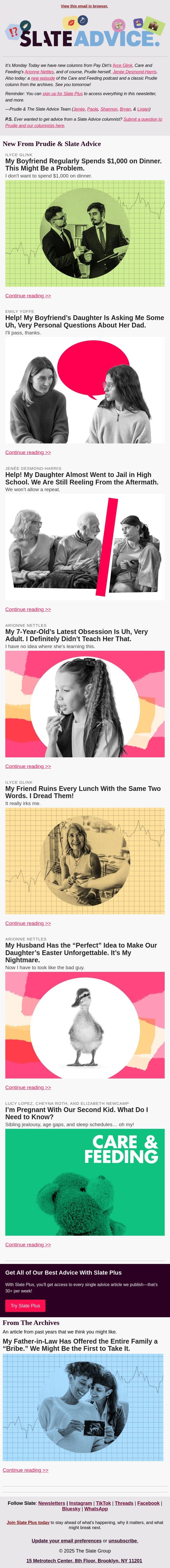 My Boyfriend Regularly Spends $1,000 on Dinner. This Might Be a Problem. email from Slate screenshot