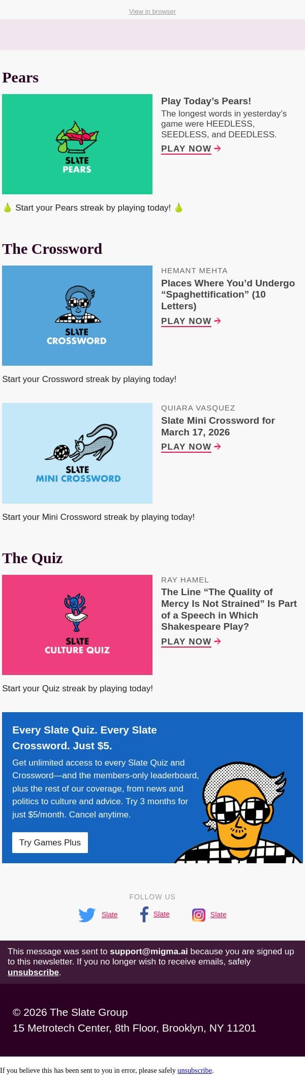 Places where you’d undergo “spaghettification” (10 letters) email from Slate screenshot