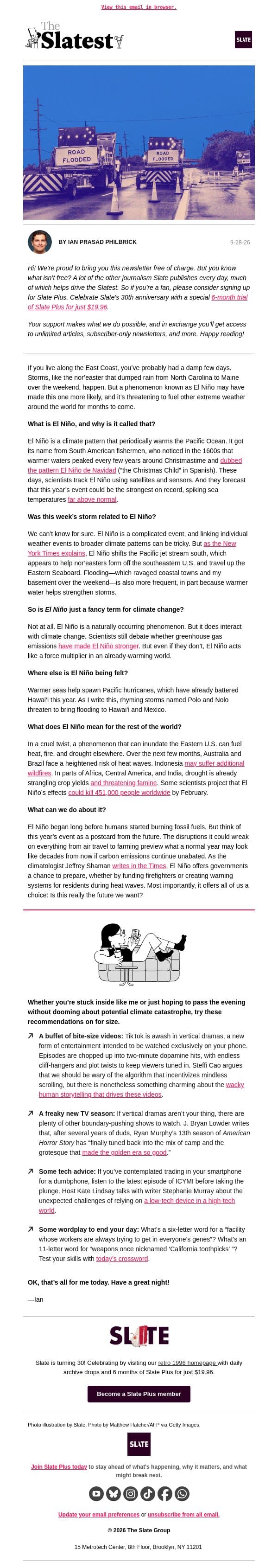 Rain-soaked? Blame “the Christmas child.” email from Slate screenshot