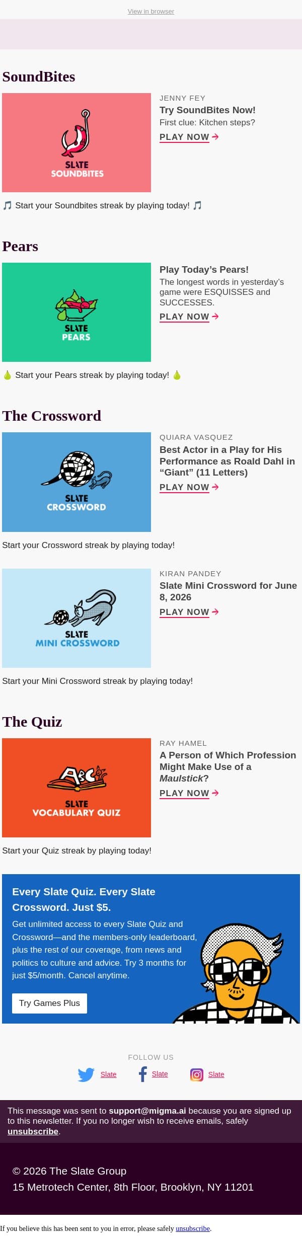 Best Actor in a Play for his performance as Roald Dahl in “Giant” (11 letters) email from Slate screenshot