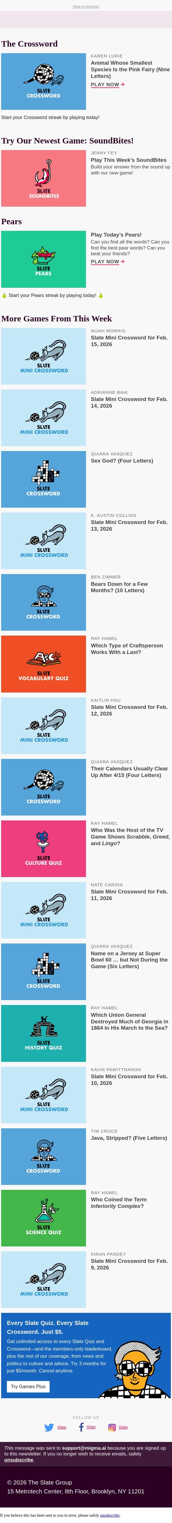 58-Across: Animal whose smallest species is the Pink Fairy (nine letters) email from Slate screenshot