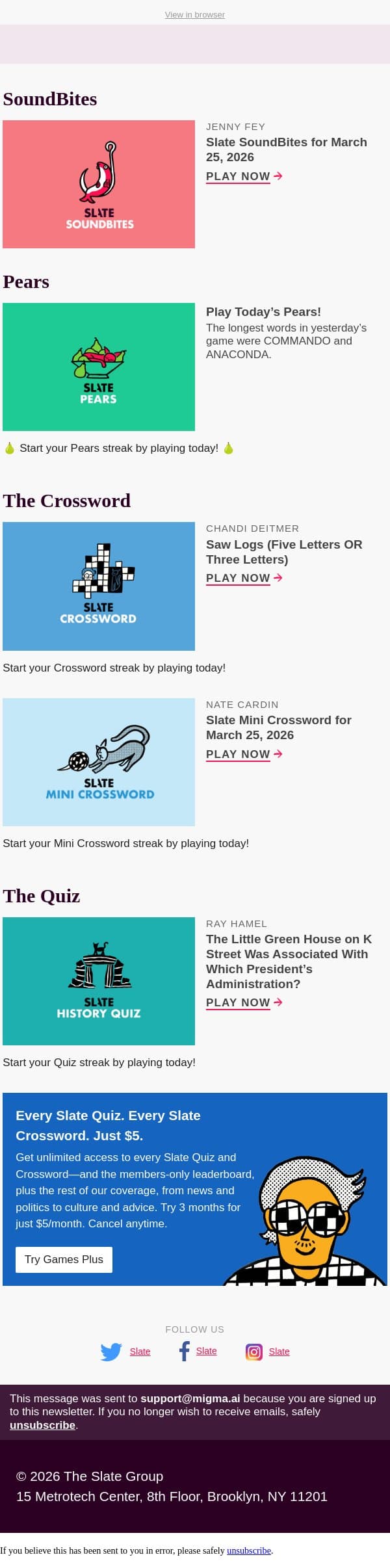 Saw logs (five letters OR three letters) email from Slate screenshot