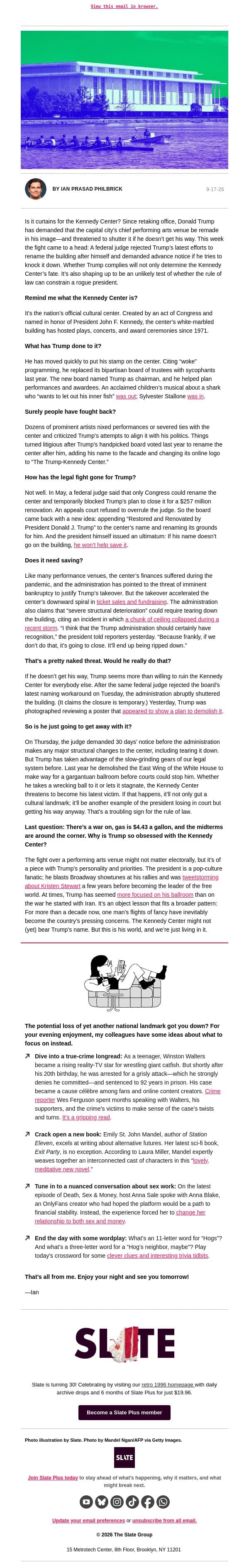 Trump’s Kennedy Center tantrum email from Slate screenshot