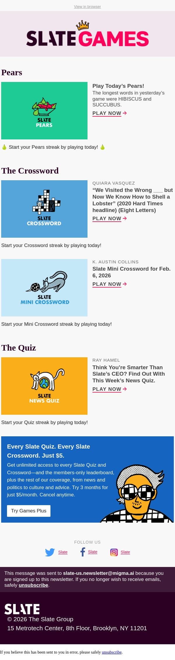 This week’s Slate News Quiz is one of the best, or my name isn’t [redacted] email from Slate screenshot