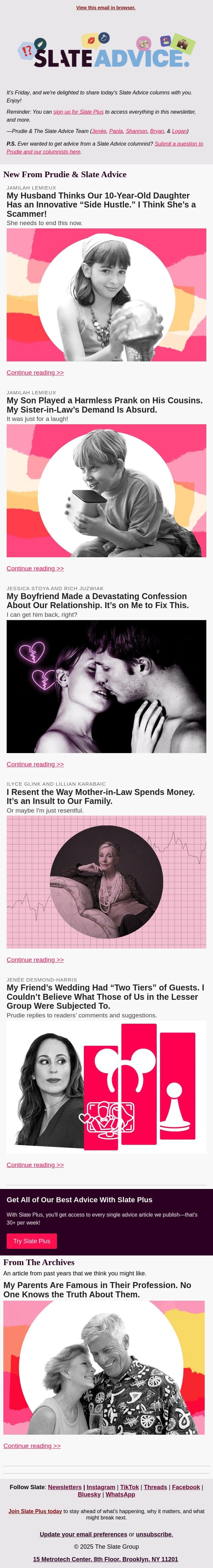 My Husband Thinks Our 10-Year-Old Daughter Has an Innovative “Side Hustle.” I Think She’s a Scammer! email from Slate screenshot
