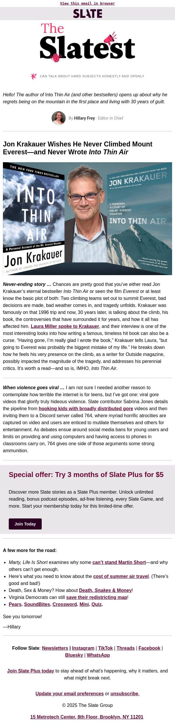 Jon Krakauer wishes he’d never gone to Everest email from Slate screenshot