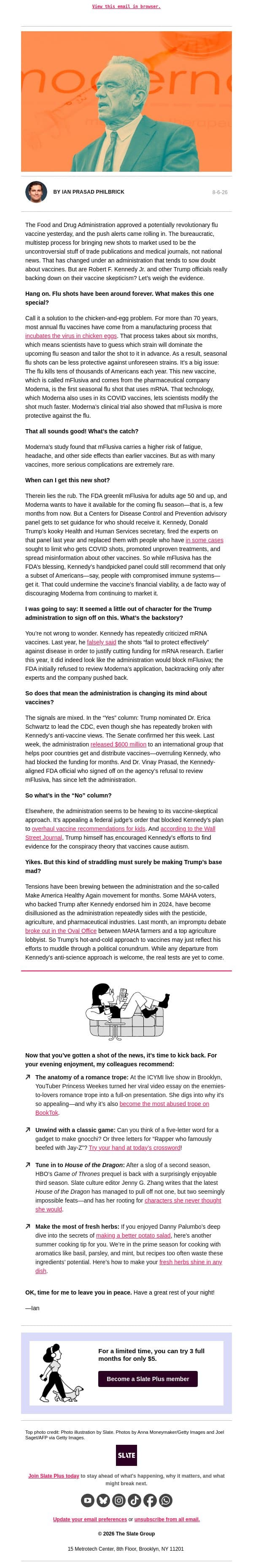 A better flu vaccine is possible, if Team RFK Jr. stays out of the way email from Slate screenshot
