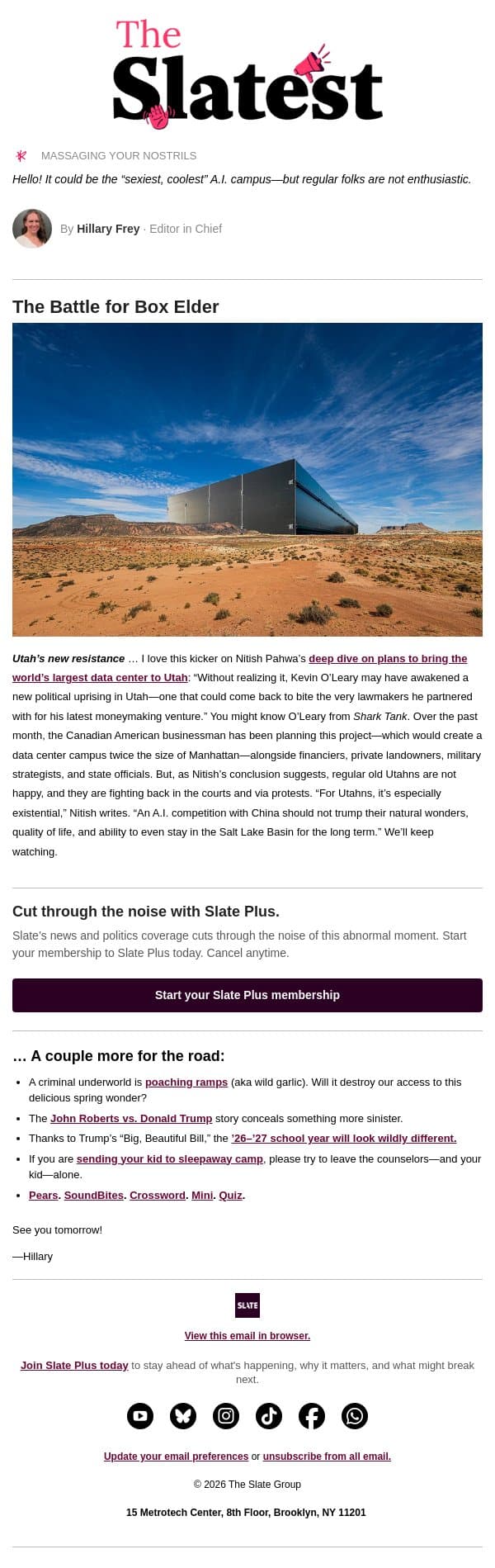 Utahns say NIMBY to one of the biggest data centers in the world email from Slate screenshot