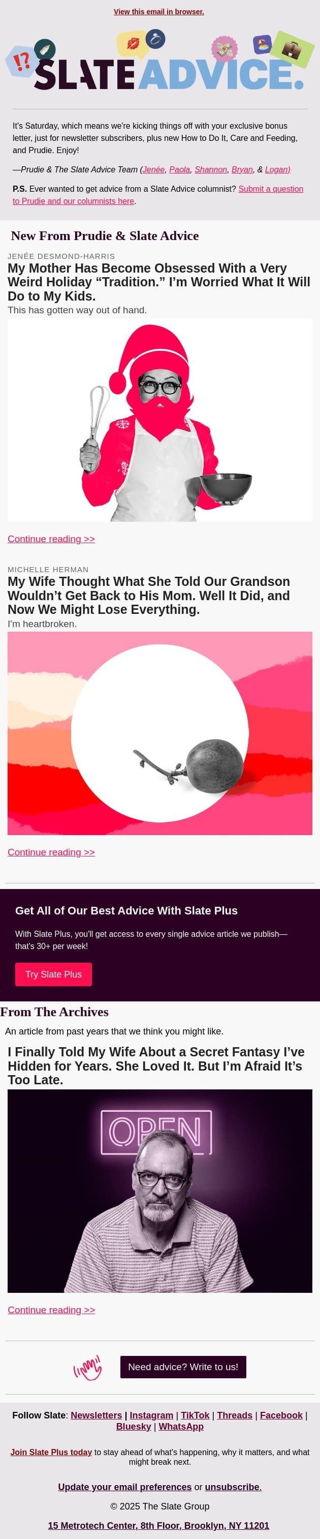 My Mother Has Become Obsessed With a Very Weird Holiday “Tradition.” I’m Worried What It Will Do to My Kids. email from Slate screenshot