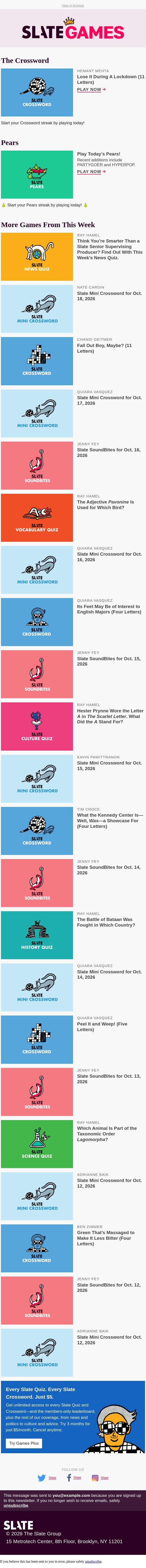 16-Down: Lose it during a lockdown (11 letters) email from Slate screenshot
