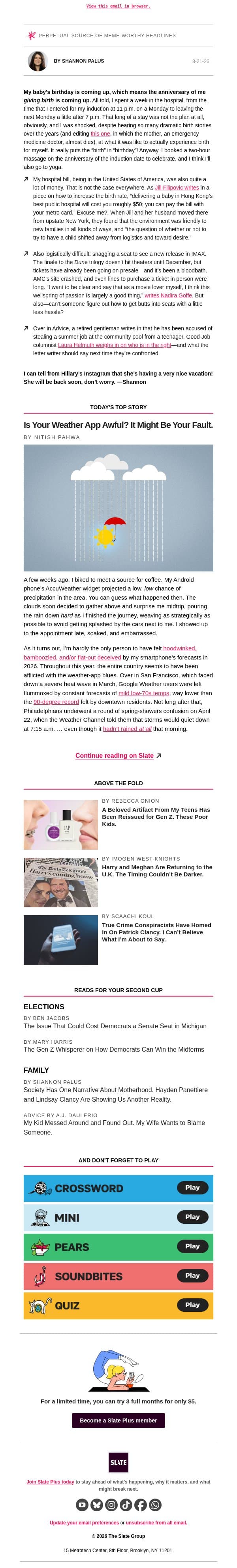 Birthday plans email from Slate screenshot