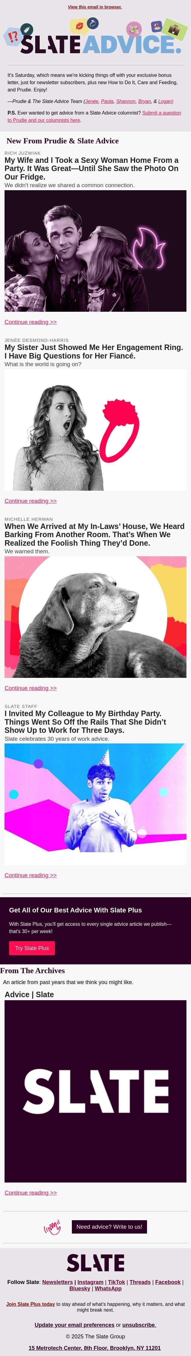 My Wife and I Took a Sexy Woman Home From a Party. It Was Great—Until She Saw the Photo On Our Fridge. email from Slate screenshot