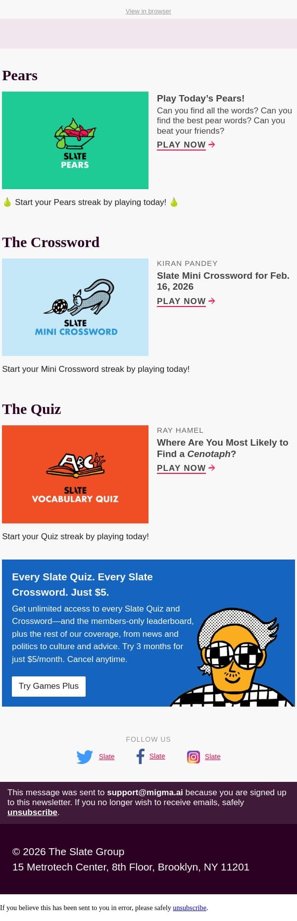 Where are you most likely to find a cenotaph? email from Slate screenshot