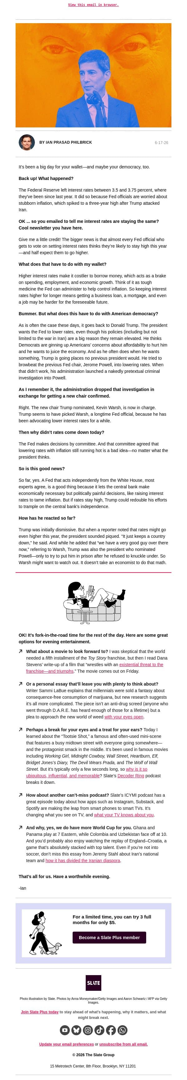Is the Trump-Fed feud back on? email from Slate screenshot