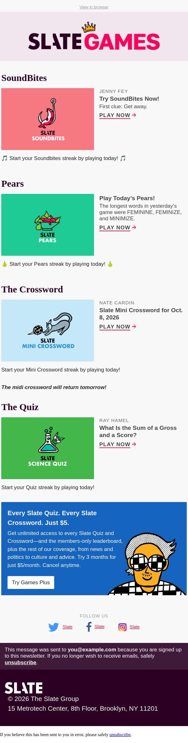 What is the sum of a gross and a score? email from Slate screenshot