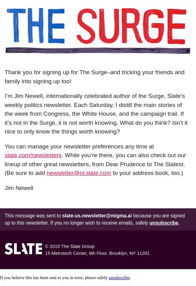 You’re subscribed to The Surge newsletter email from Slate screenshot
