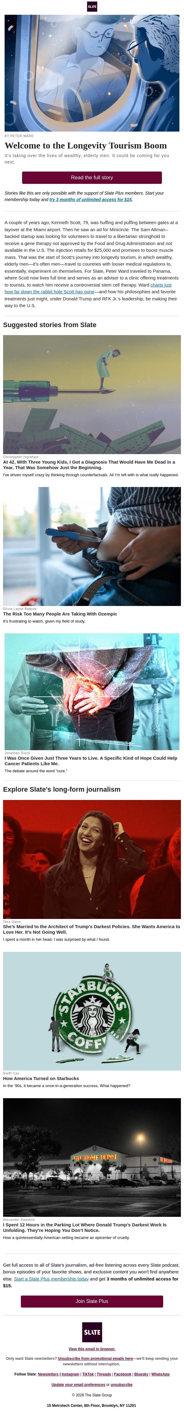 Welcome to the longevity tourism boom email from Slate screenshot
