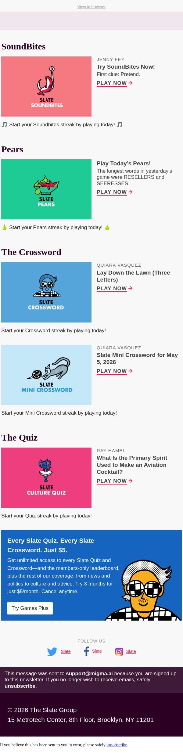 Lay down the lawn (three letters) email from Slate screenshot