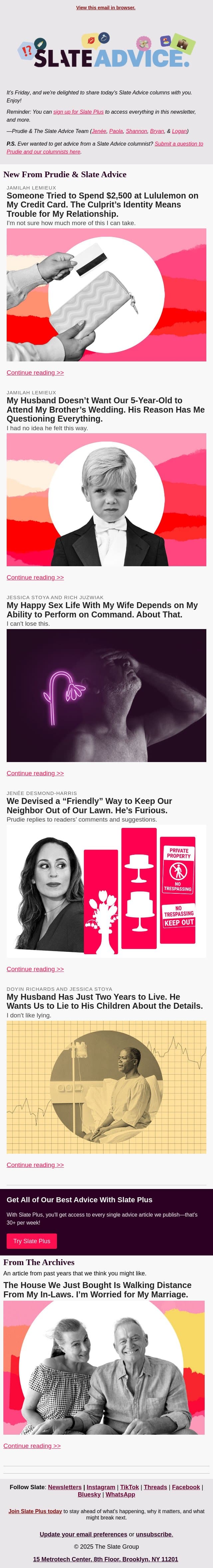 Someone Tried to Spend $2,500 at Lululemon on My Credit Card. The Culprit’s Identity Means Trouble for My Relationship. email from Slate screenshot