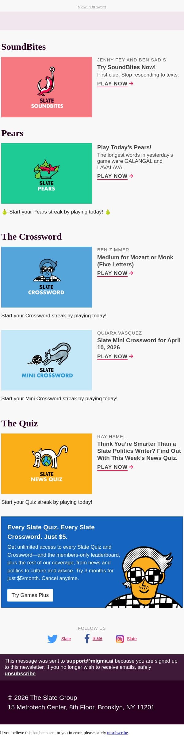 Speed demons solving this week’s Slate Quiz News may get a high score email from Slate screenshot