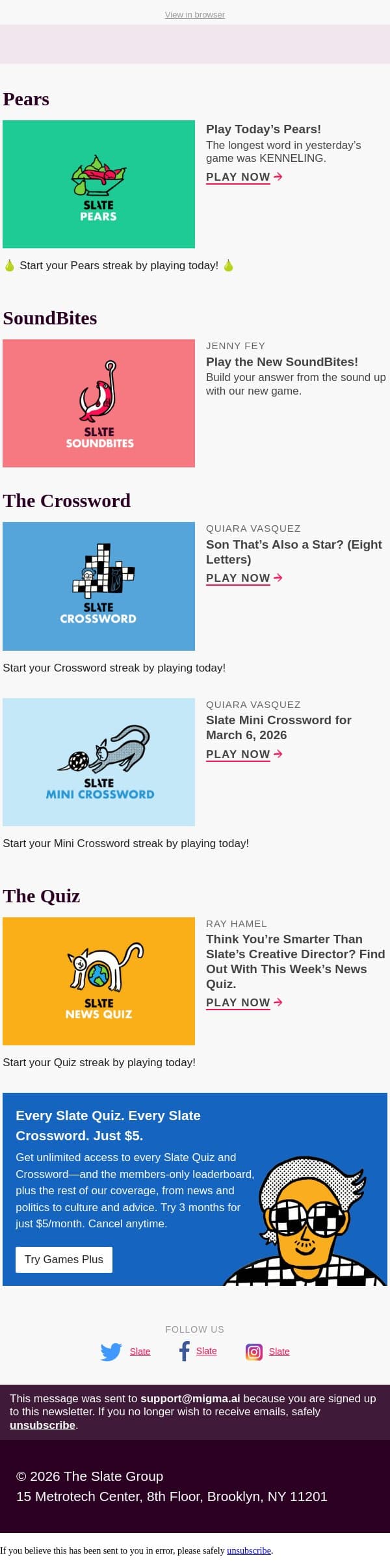 See if you can piece together this week’s Slate News Quiz email from Slate screenshot