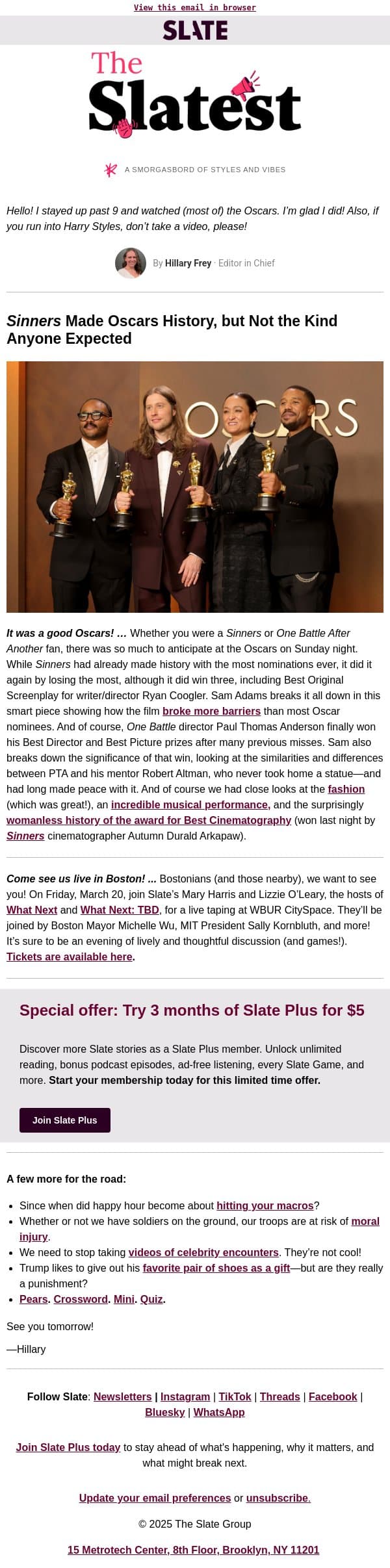 We can celebrate those Oscars! email from Slate screenshot