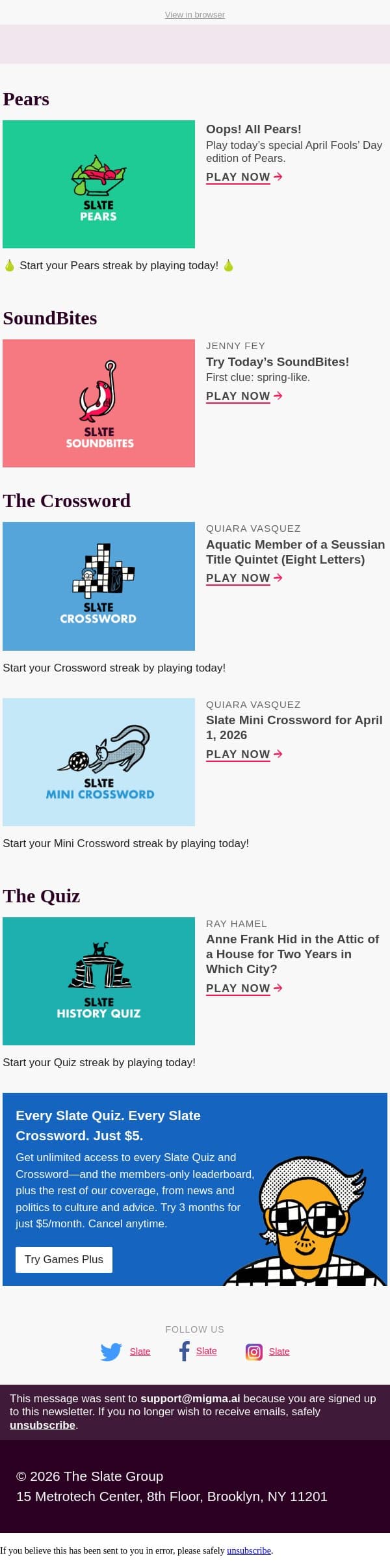 Oops! All Pears!! email from Slate screenshot