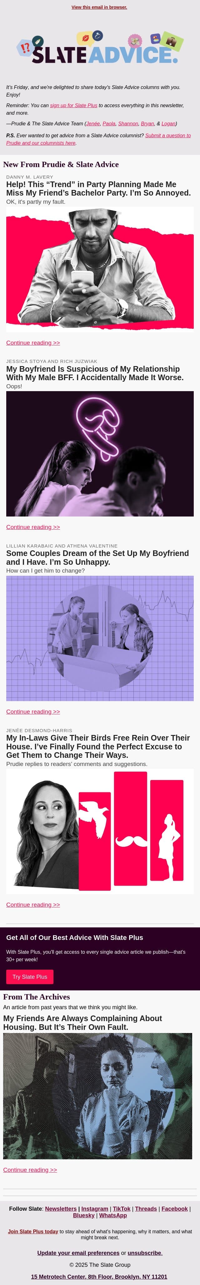 Help! This “Trend” in Party Planning Made Me Miss My Friend’s Bachelor Party. I’m So Annoyed. email from Slate screenshot