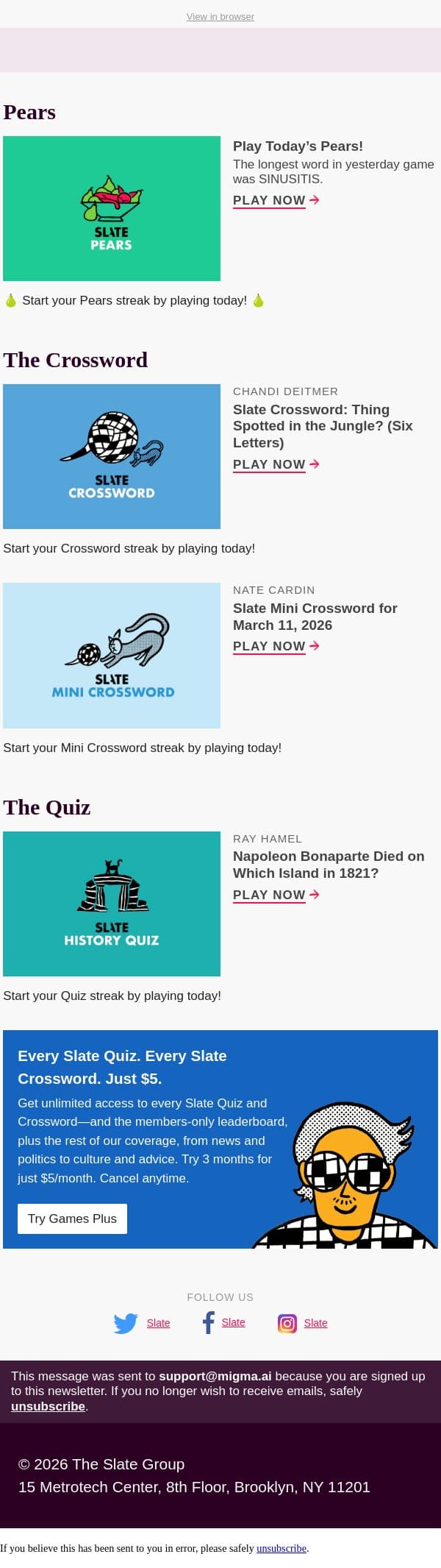 Napoleon Bonaparte died on which island in 1821? email from Slate screenshot