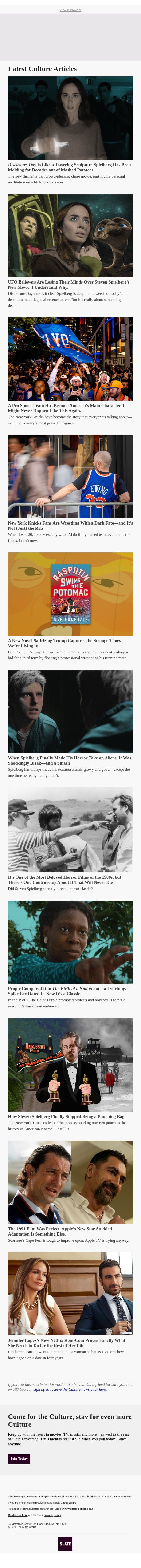Disclosure Day Is Like a Towering Sculpture Spielberg Has Been Molding for Decades out of Mashed Potatoes email from Slate screenshot