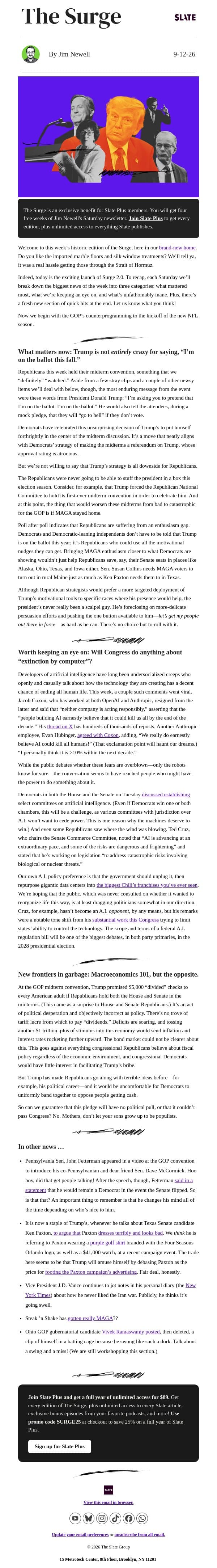 Democrats are laughing at Trump’s midterm plan. They shouldn’t. email from Slate screenshot
