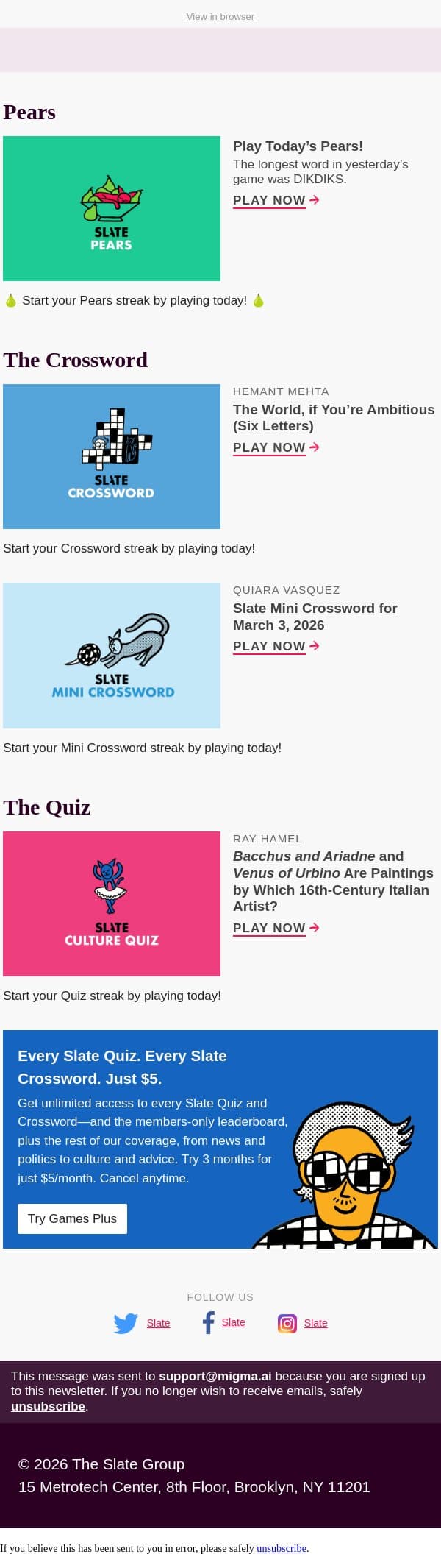 The world, if you’re ambitious (six letters) email from Slate screenshot