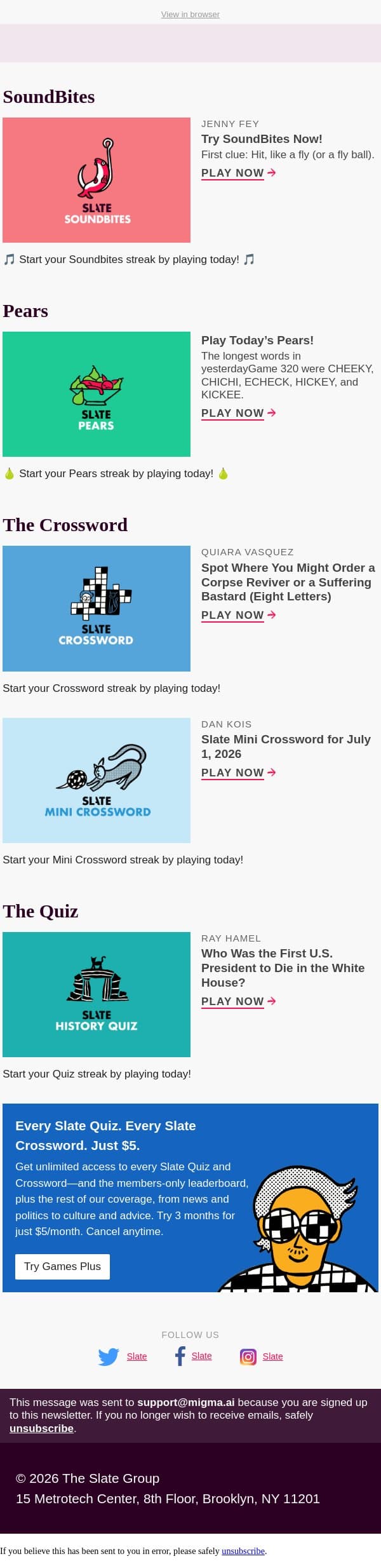 Who was the first U.S. president to die in the White House? email from Slate screenshot